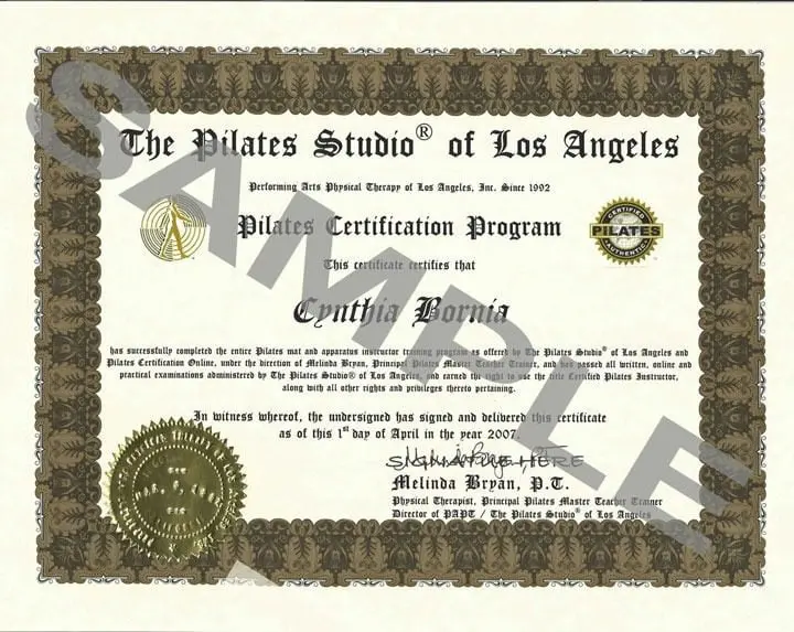 A certificate of completion for the pilates certification program.