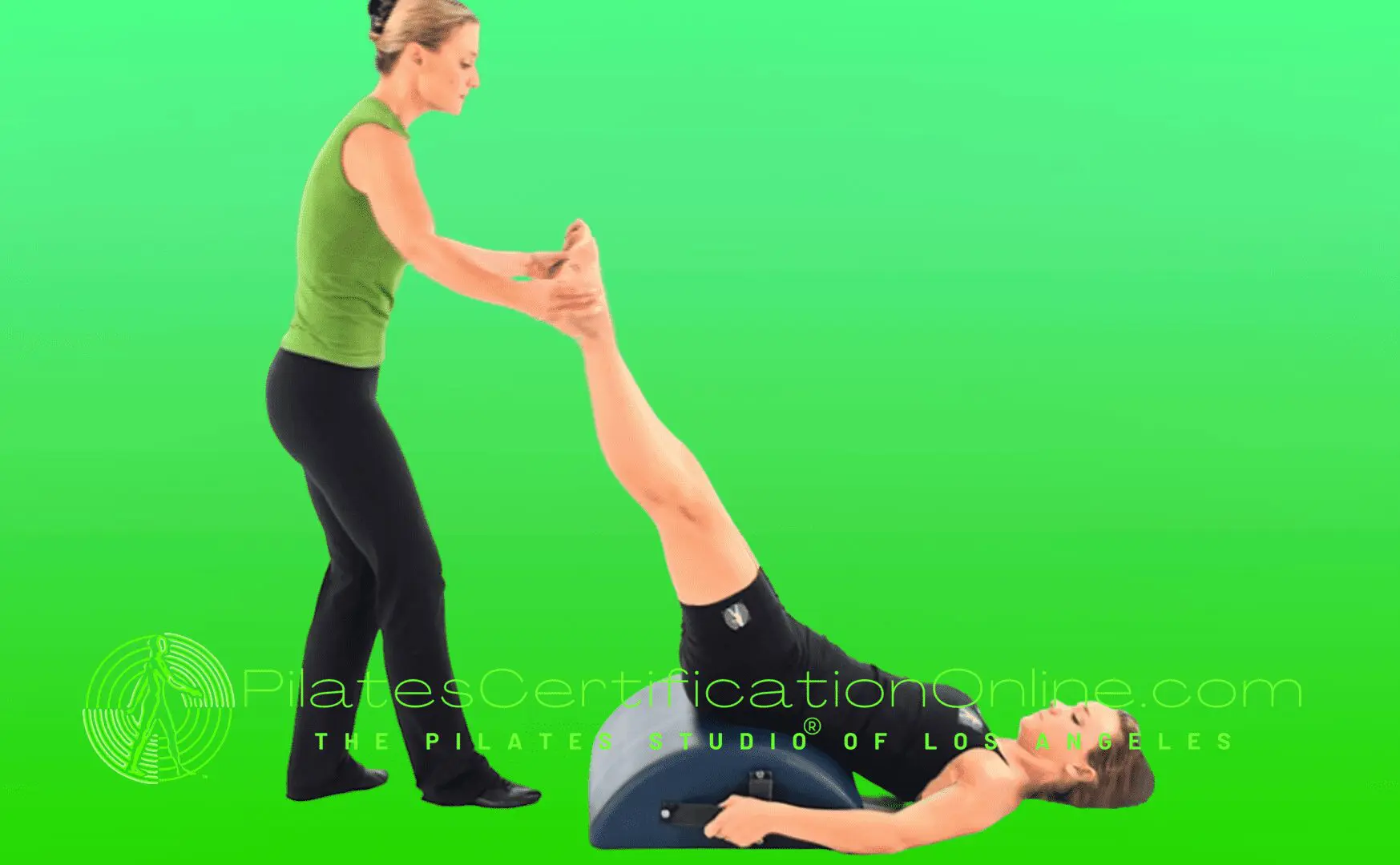 A woman helping another person stretch out