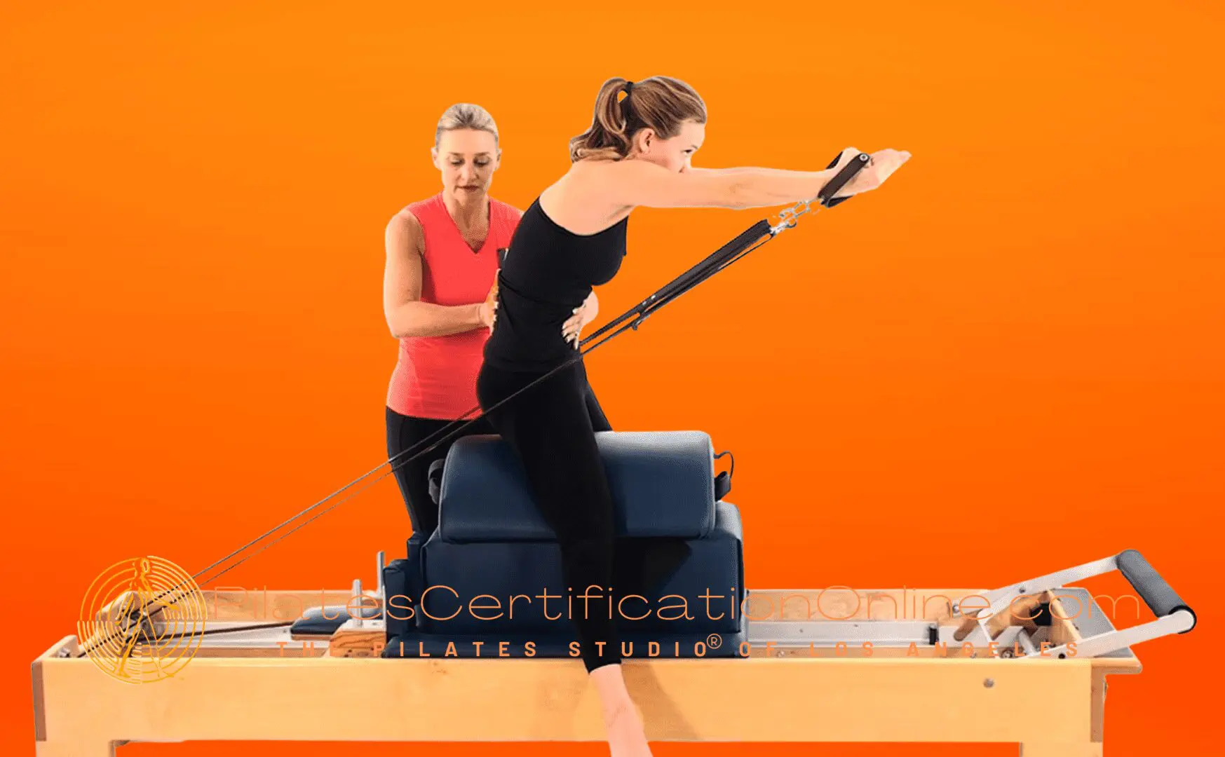 A woman is using a resistance band on her back.