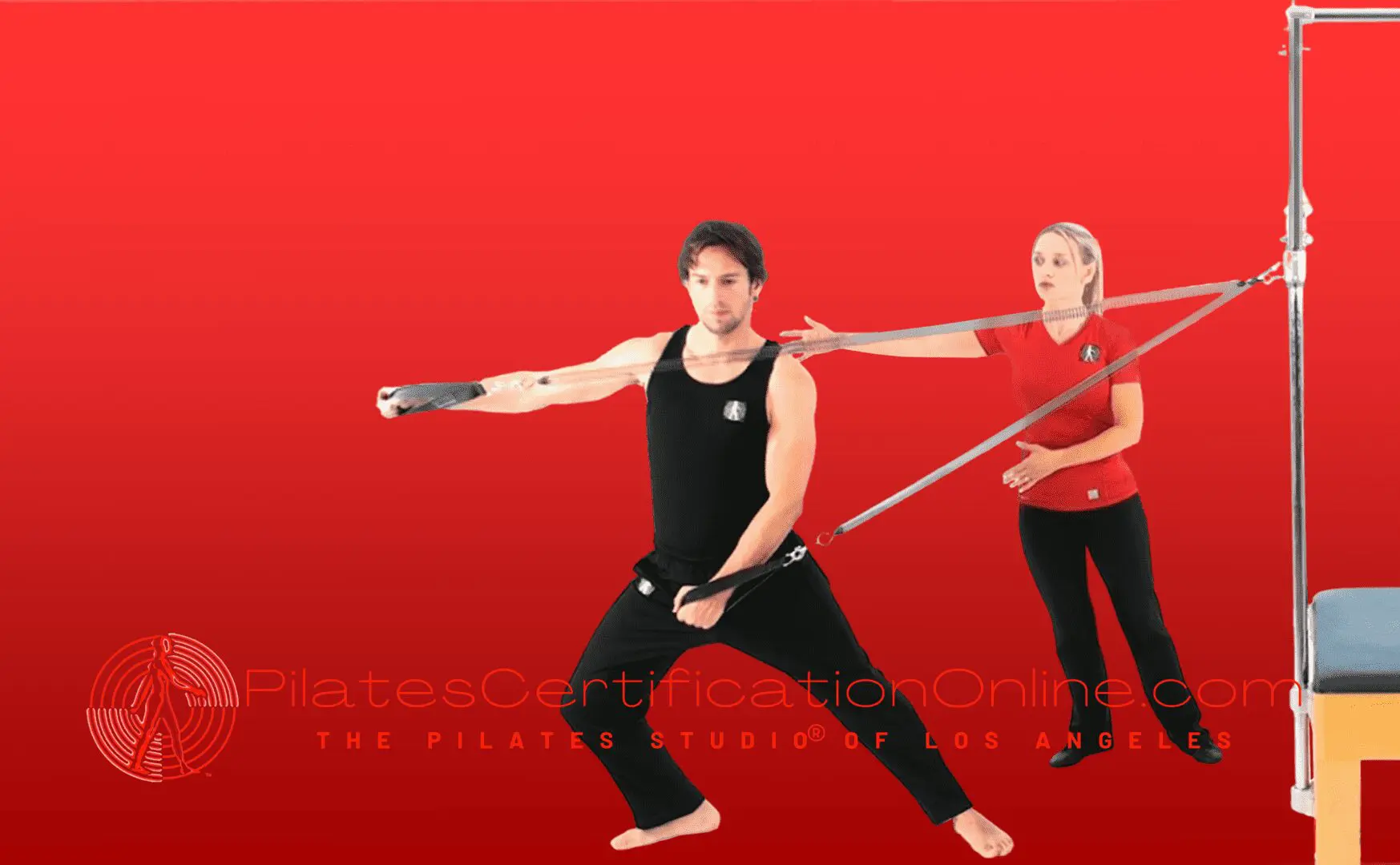 A man and woman are practicing pilates with swords.