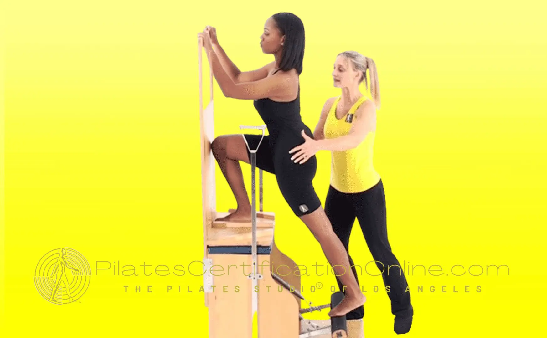 Two women are doing exercises on a yellow background.