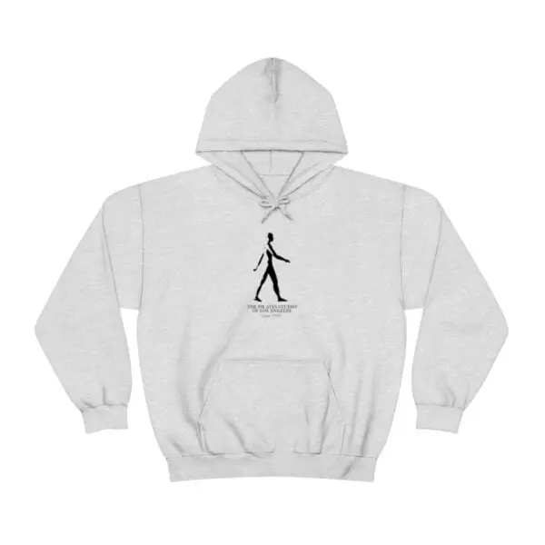 A white hoodie with a drawing of a person walking