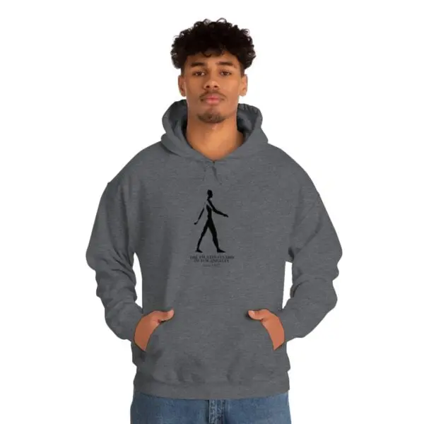 A man is wearing a hoodie with an image of a person walking.