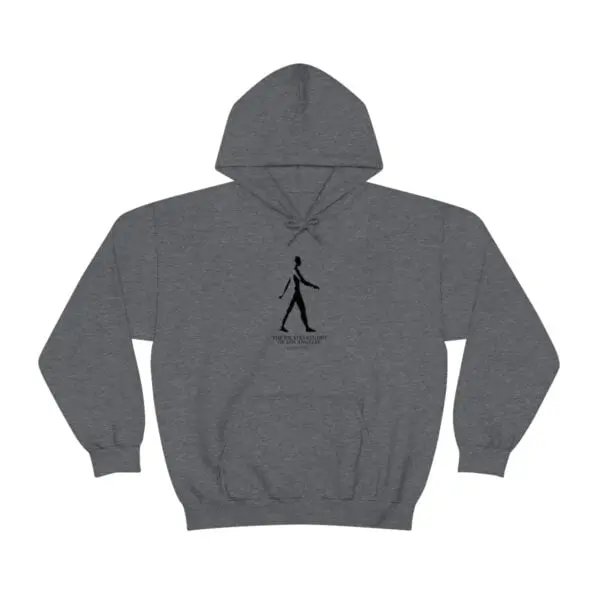 A gray hoodie with a person walking on it.