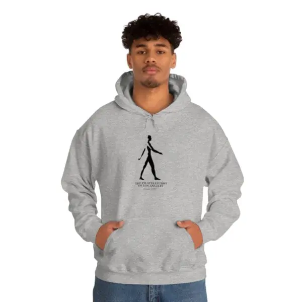 A man in grey hoodie with a black stick figure.