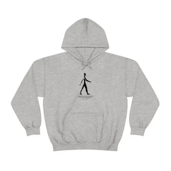 A gray hoodie with an image of a person walking