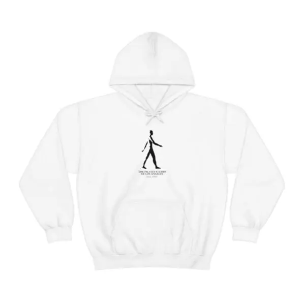 A white hoodie with an image of a person walking.