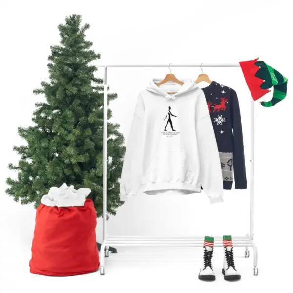 A christmas tree and clothes hanging on a rack.