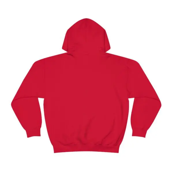 A red hoodie with the hood up.