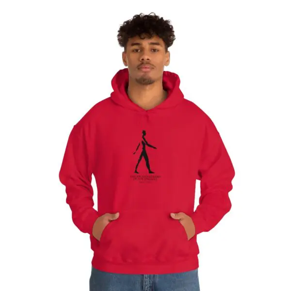 A man in red hoodie with black stick figure.