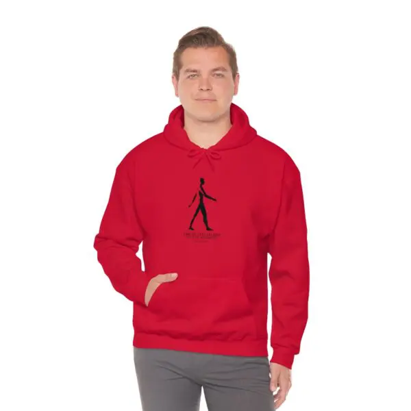 A man in red hoodie with black stick figure.