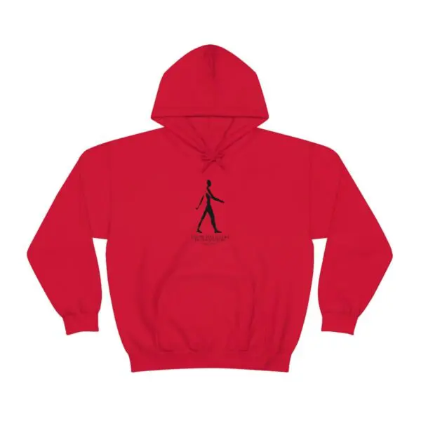 A red hoodie with a person standing on it