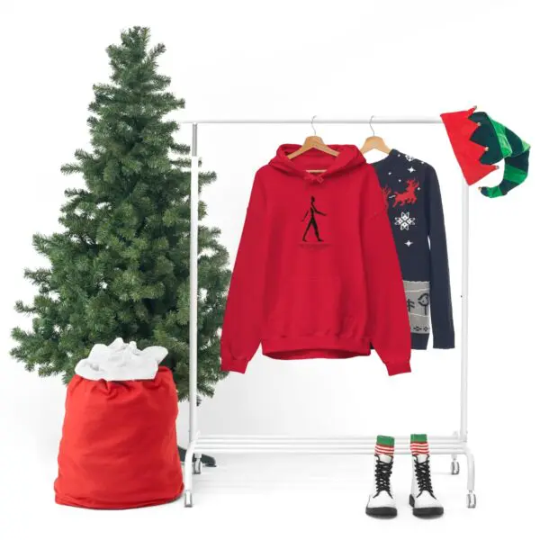 A christmas tree and clothes on a rack.