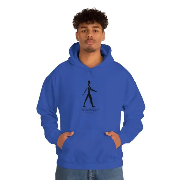 A man in blue hoodie with black stick figure.