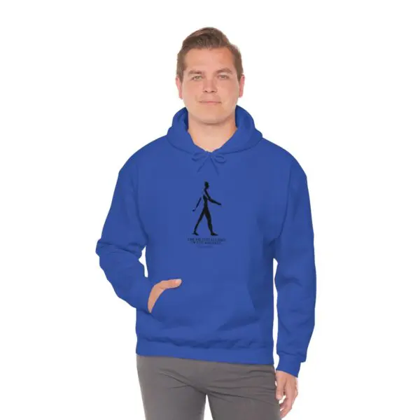 A man in blue hoodie with black stick figure.