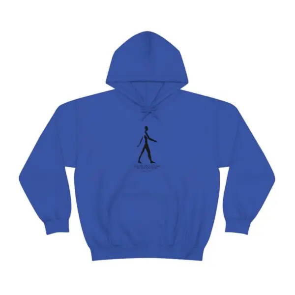 A blue hoodie with a person standing on it