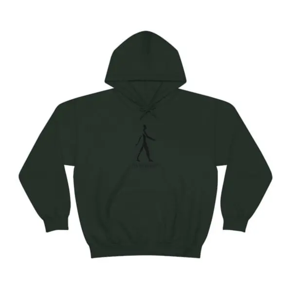 A dark green hoodie with black writing on it.