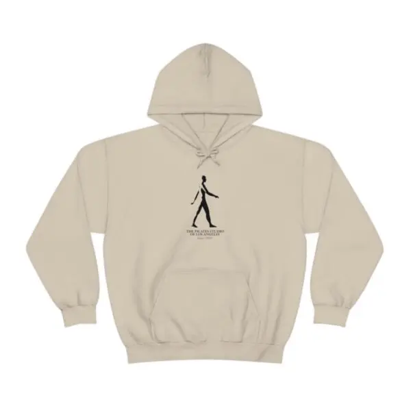 A beige hoodie with an image of a person walking