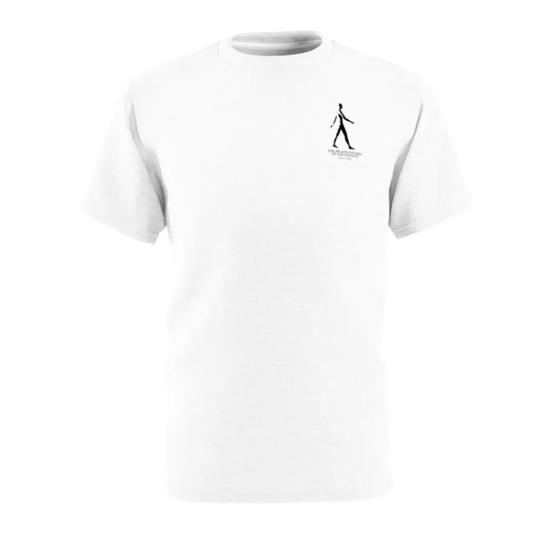 A white t-shirt with an image of a person walking.