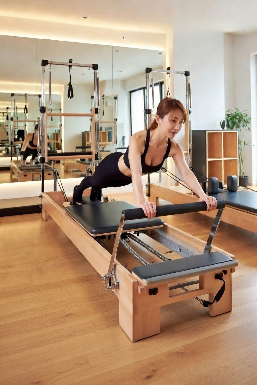 Japanese woman on Reformer – Pilates Certification in Japan with PCO